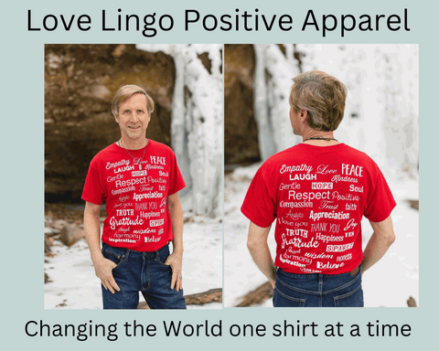 Man wearing red positive-message-shirts shows front and back