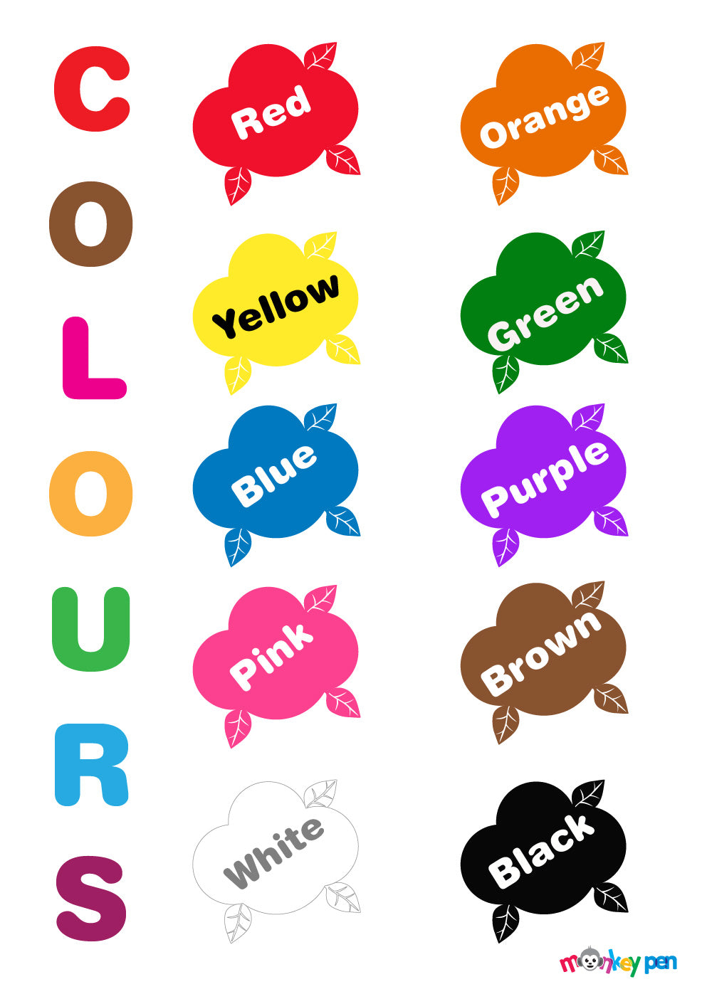 Free Printable Educational Colours Sheet – Monkey Pen Store