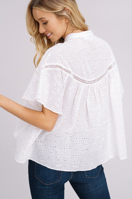 Eyelet Flutter Sleeve Blouse – Striped Box Boutique