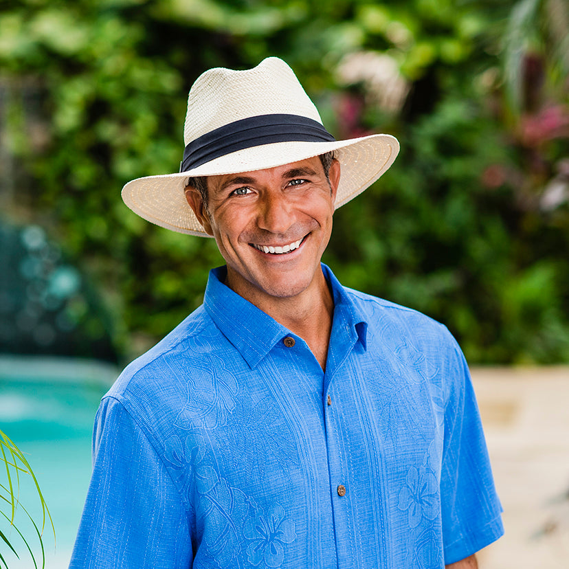 Man wearing the Portland big wide brim UPF summer straw sun hat