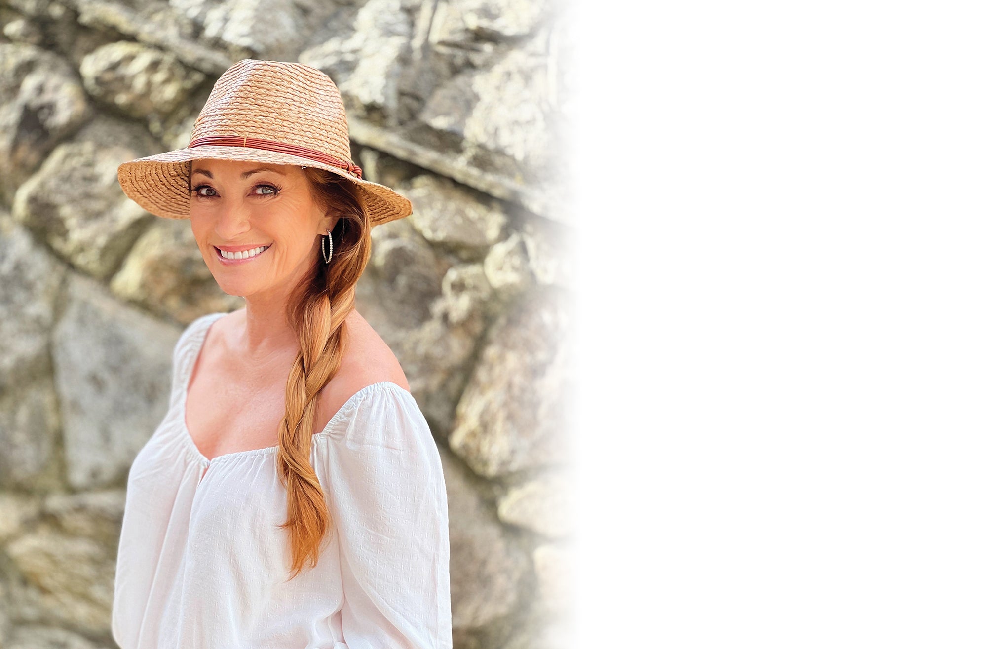 Jane Seymour wearing the Quinn cowboy straw sun hat by Wallaroo, featuring uv protection