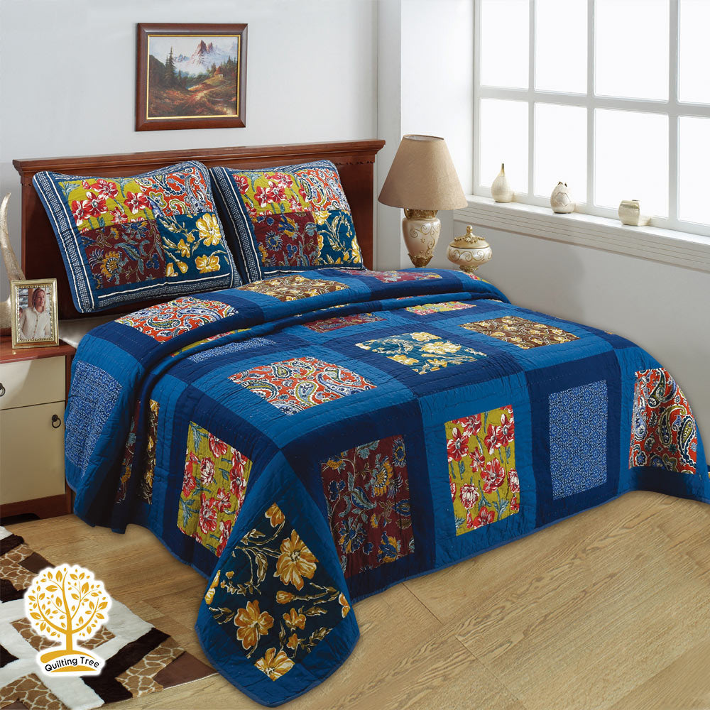 Flower Garden Quilt Navy Color Floral Garden Patchwork Quilt Set