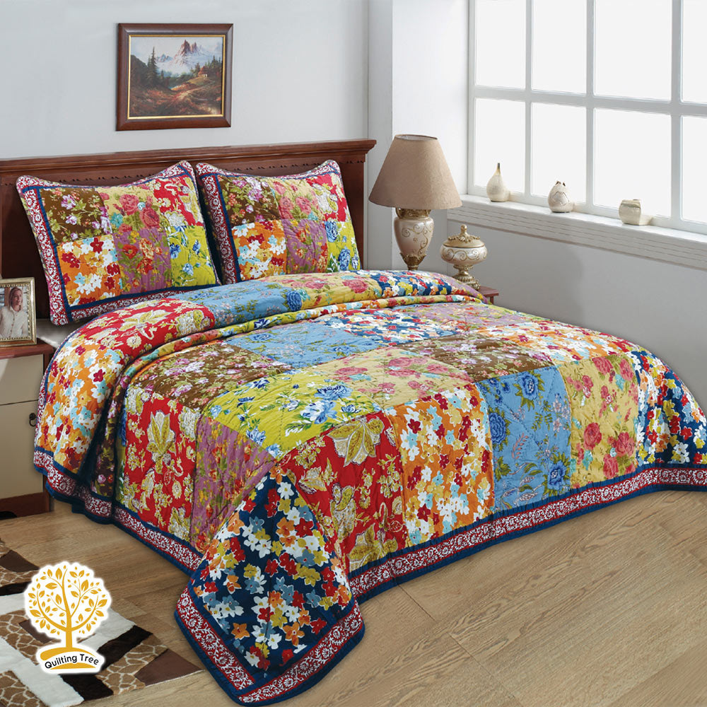 3 Piece Elegant Colorful Floral Patchwork Quilt Set For Home Decor