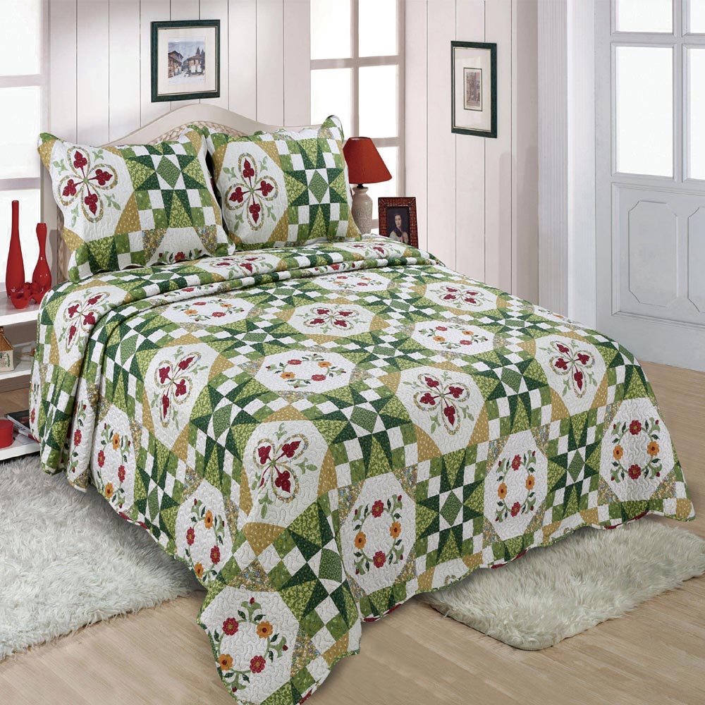 Green Floral Patchwork Quilt Single Piece With Two Pillow Cover