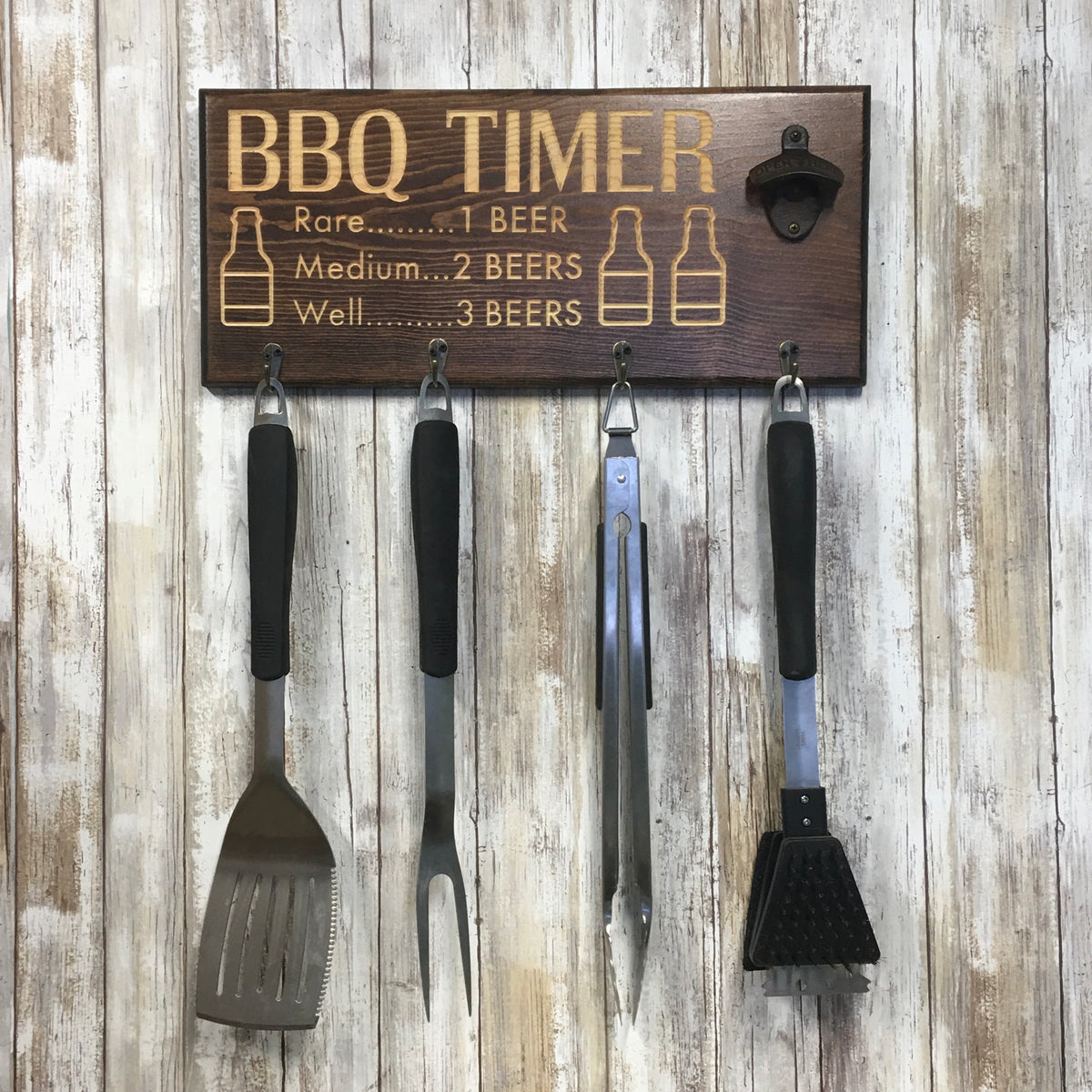 Beer BBQ Timer Barbecue Tool Holder with Beer Opener - Engraved Pine W ...