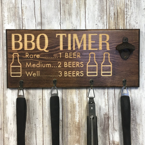Beer BBQ Timer Barbecue Tool Holder with Beer Opener - Engraved Pine W ...