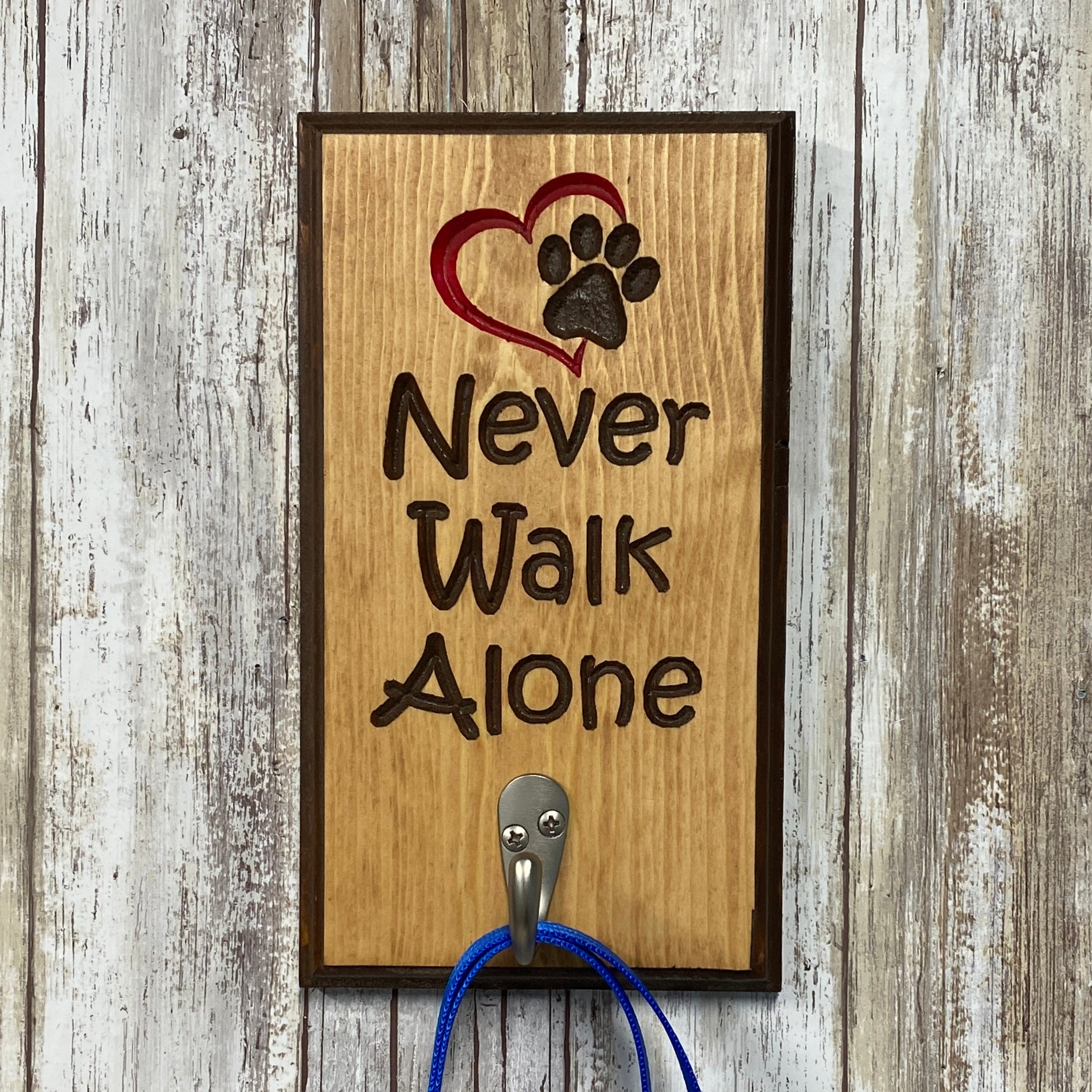 Never Walk Alone Dog Leash Holder Rack Carved Pine Wood Houser House Creations