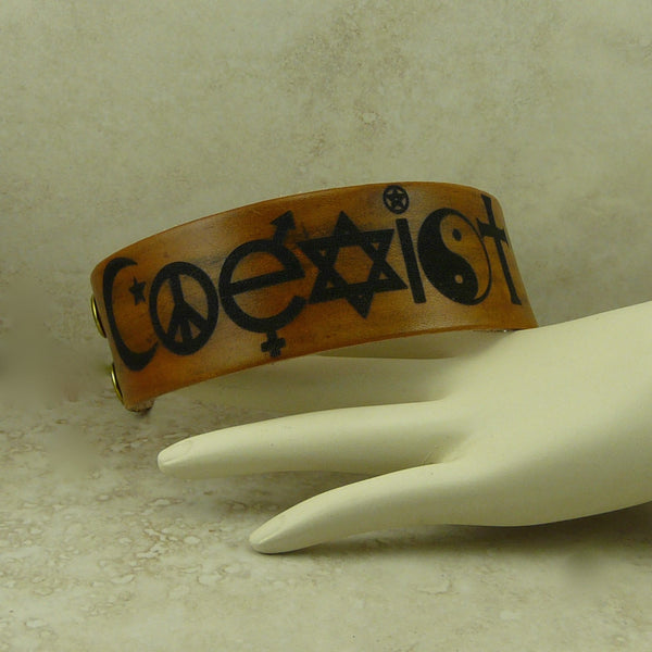 Coexist World Peace Leather Cuff Bracelet - Laser Burned Adjustable Snap Closure