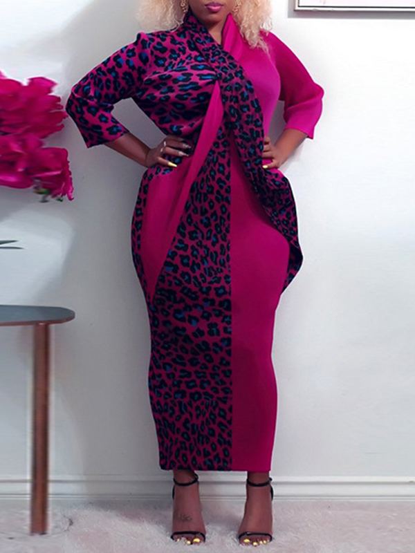 Plus Size Leopard-Combo Crossed Dress