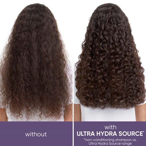 Ultra Hydra Source comparison image. Left side hair frizzy, text reads without. Right side hair curly, text reads with ultra hydra source* non-conditioning shampoo vs ultra hydra source range