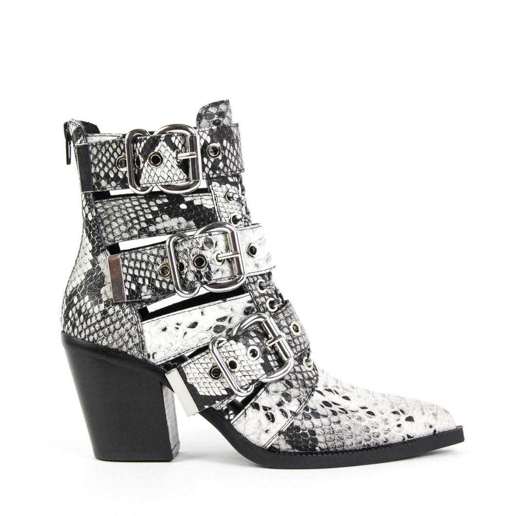 black and white snake print booties