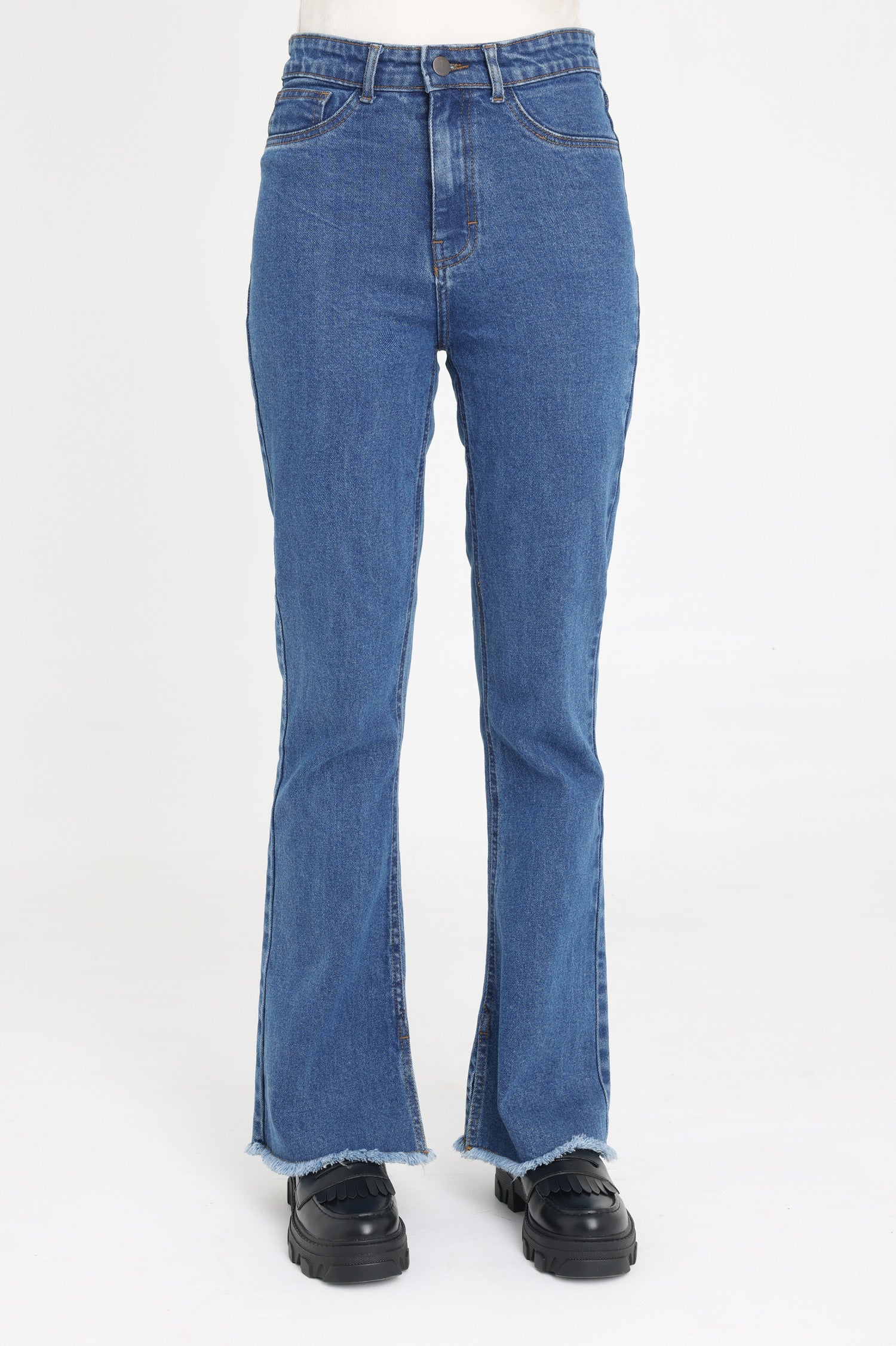 BELL BOTTOM JEANS MID BLUE, BOTTOMWEAR, ALMAS, MODJEN FOR THE MODERN  GENERATION