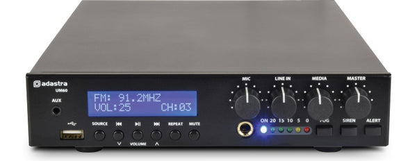 Adastra UM60 Compact 60W 100V Mixer Amplifier - FM Radio, USB Audio Player, BT Wireless Receiver