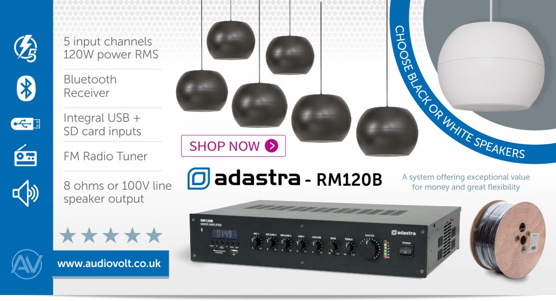 Adastra Warehouse Music Sound System with Suspended Pendant Speakers, Bluetooth & FM Radio