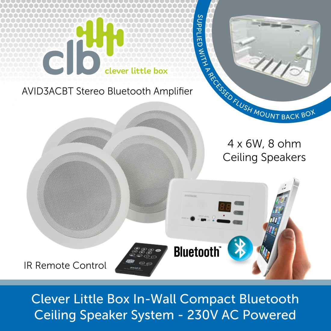 Clever Little Box In Wall Compact Bluetooth Background Music System With X 4 6w Ceiling Speakers 230v Ac Powered