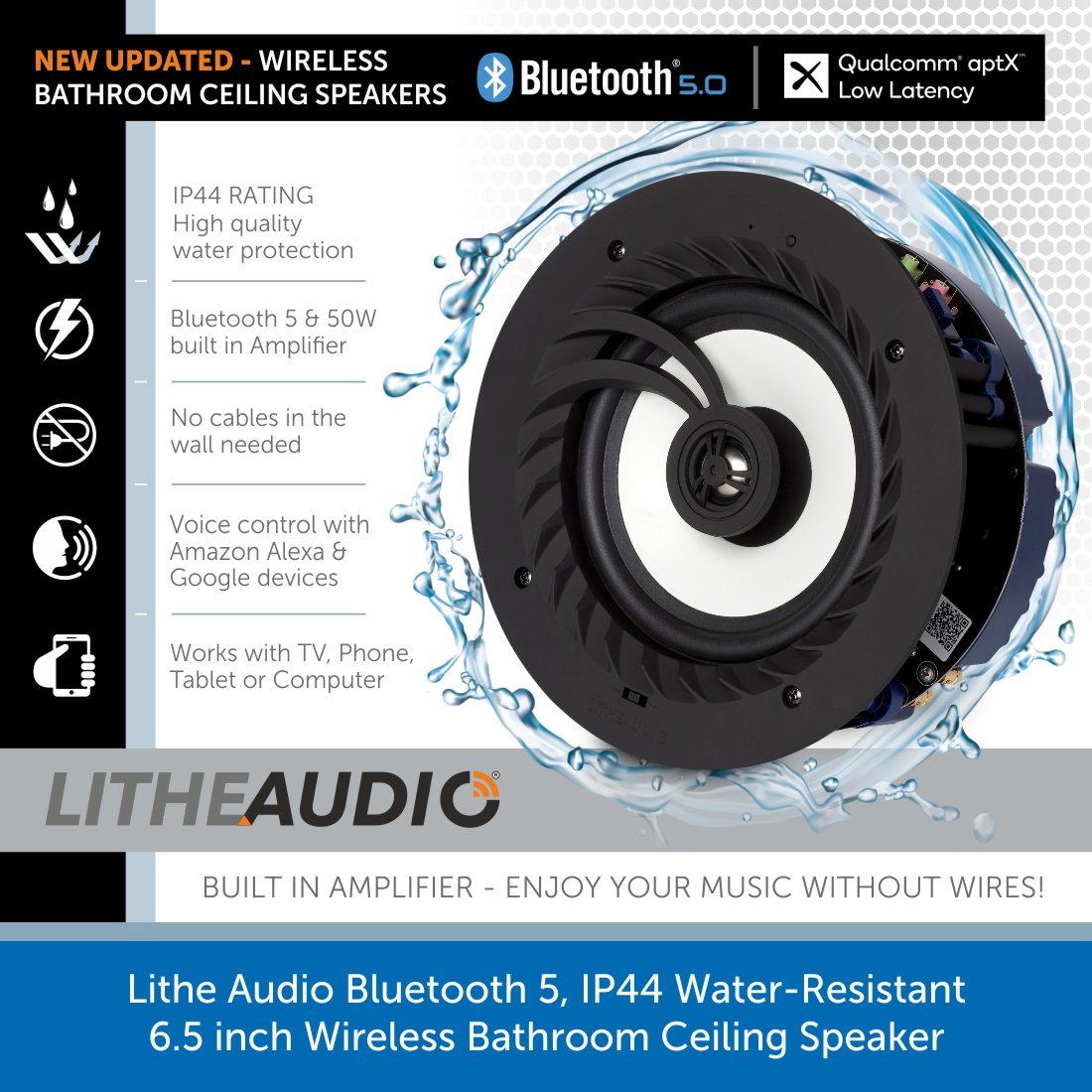 Lithe Audio Bluetooth 5 Ip44 Water Resistant Wireless Bathroom Ceiling Speaker