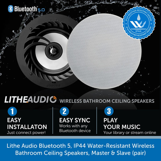 Lithe Audio Bluetooth 5 Ip44 Water Resistant Wireless Bathroom Ceiling Speakers Master Slave Pair