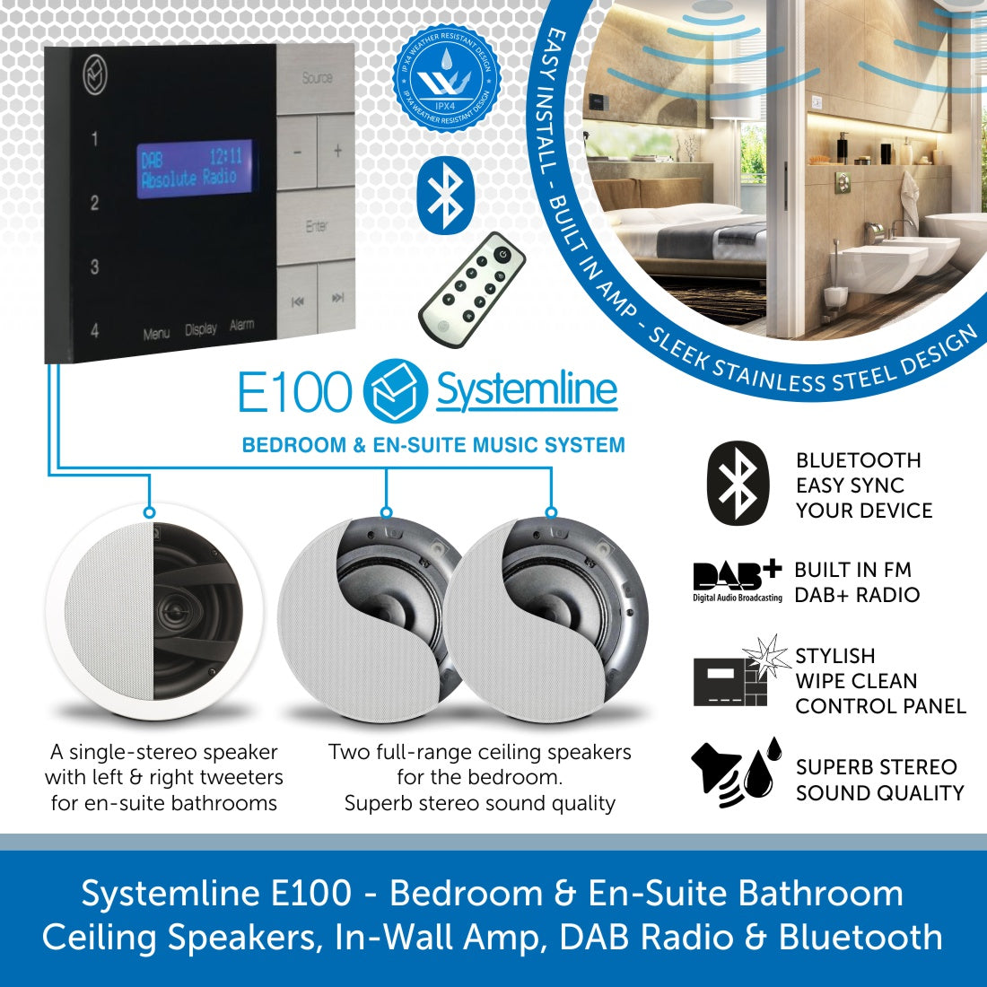 Systemline E100 Bathroom En Suite Bt Dab Speaker System Audio
