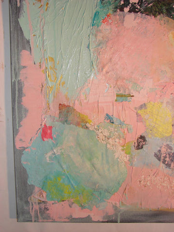 A canvas where swirls of thick acrylic paint merge with layers of shredded  newsprint and digital pixel overlays, creating an abstract commentary on  media