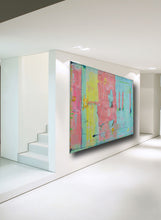 horizontal huge painting on wall with blue, pink and yellow colors 60 x 40 gallery canvas