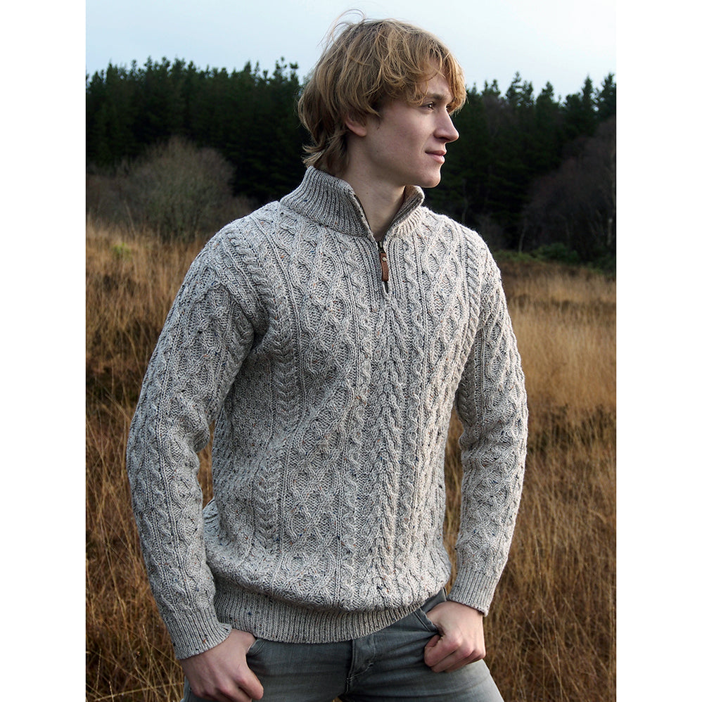 Irish Men S Sweaters Pullovers Traditional Irish Sweaters The   West End Knitwear Mens Half Zip Aran Swetaer Charcoal Knit Model 998x998 