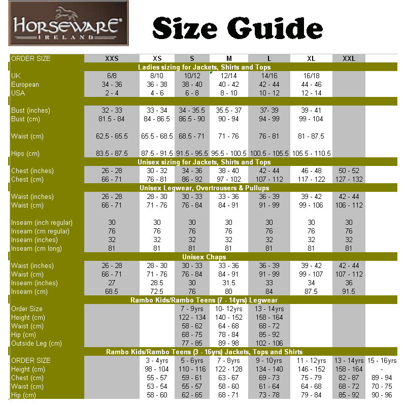 Horseware Ireland Size Chart