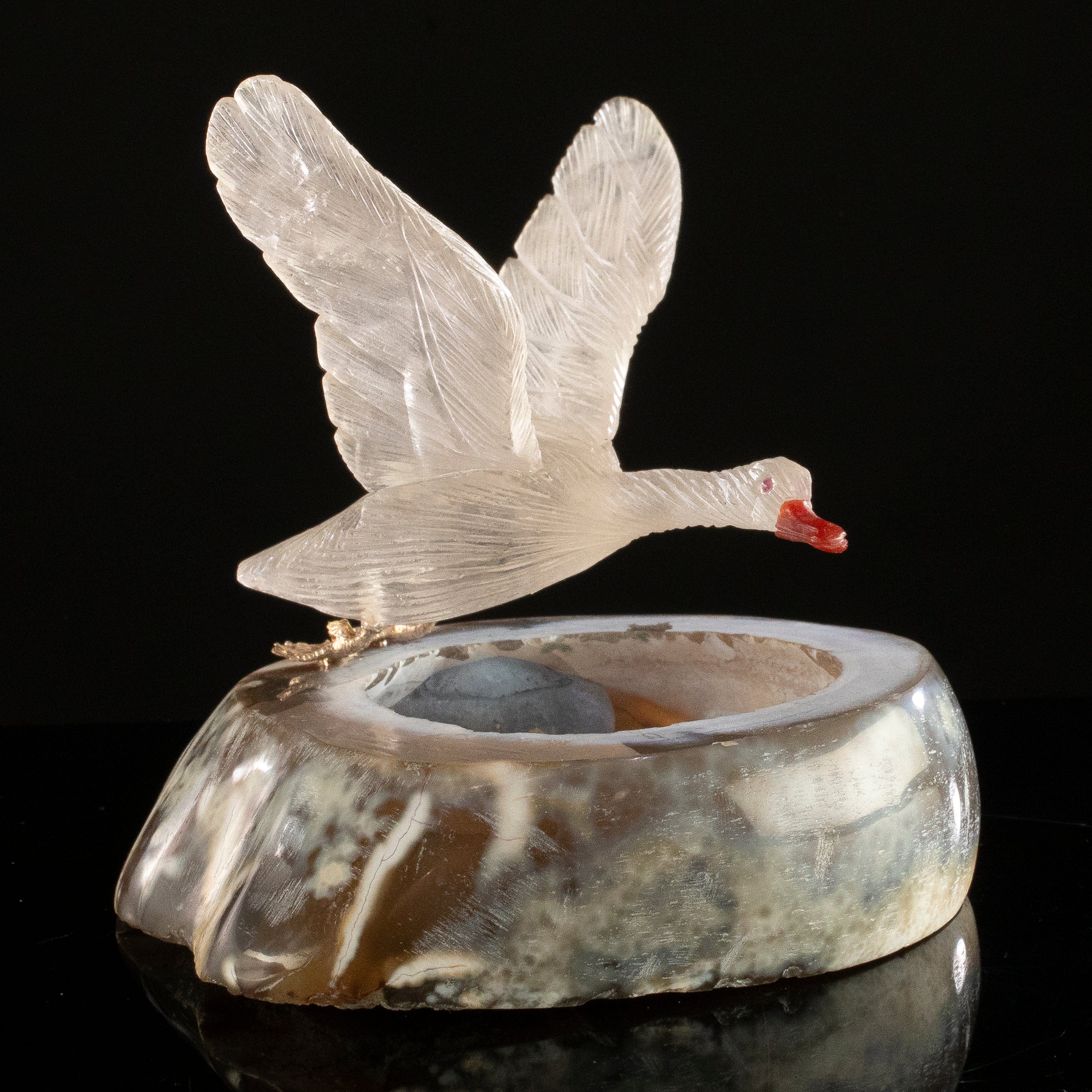 Peter Muller Smoky Quartz Goose Carving on Agate Geode Base
