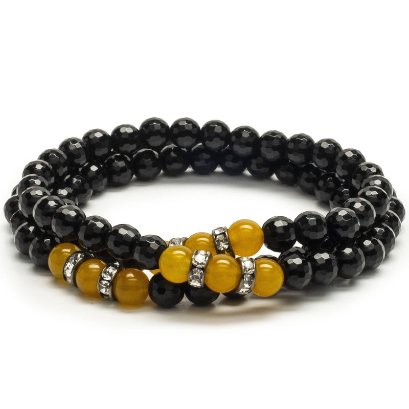 Kalifano Gemstone Bracelets Black Agate 6mm Beads with Yellow Agate and Silver Crystal Accent Beads Triple Wrap Elastic Gemstone Bracelet WHITE-BGI3-063