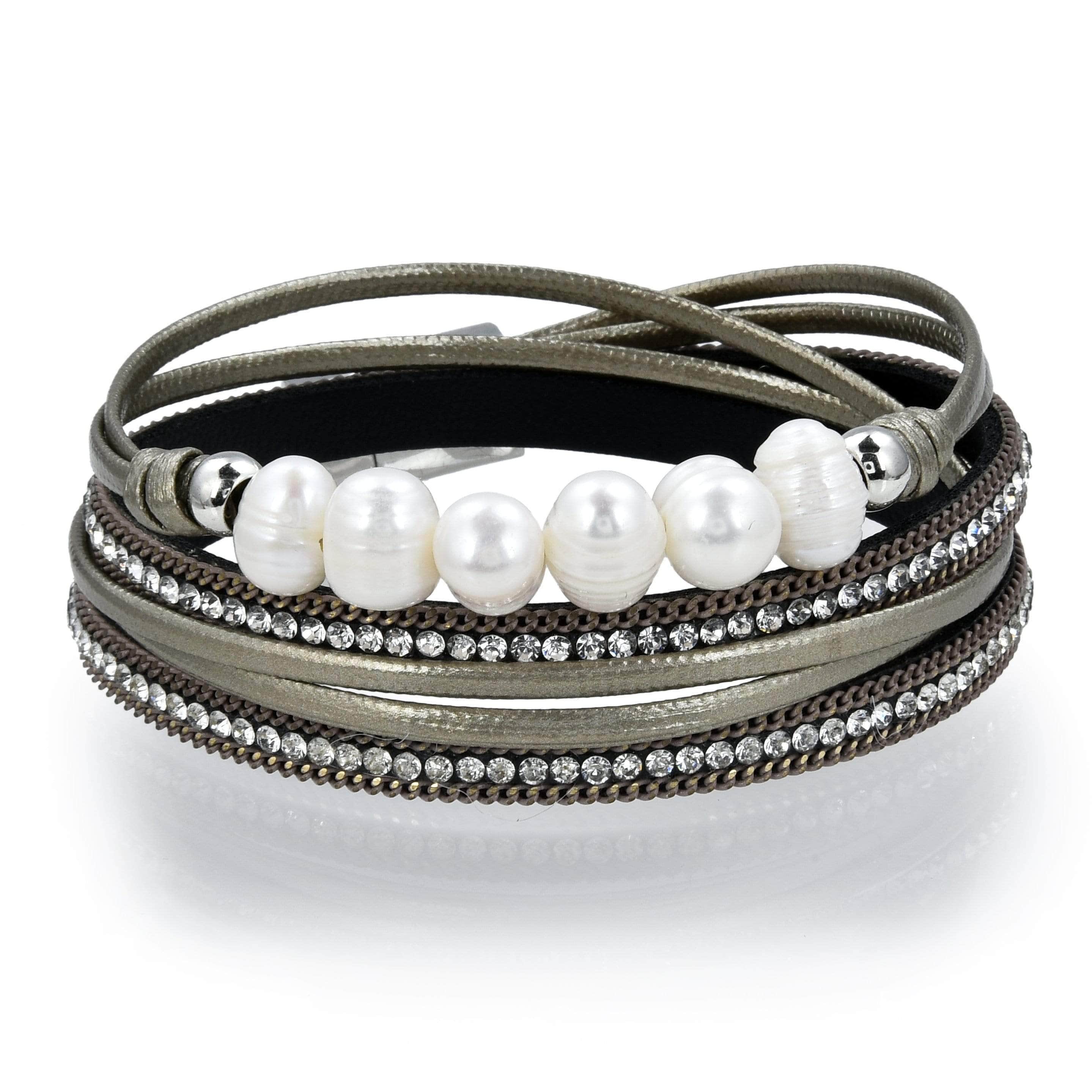 Multiple Strand Pearl and Diamonds White Bracelet with Magnetic Clasp