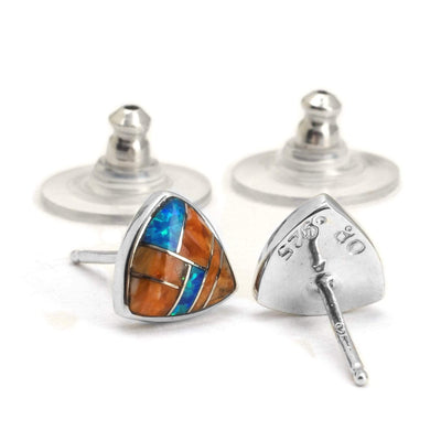 Kalifano Southwest Silver Jewelry Spiny Oyster Shell Triangle 925 Sterling Silver Earring with Stud Backing USA Handmade with Opal Accent NME.2242.SP