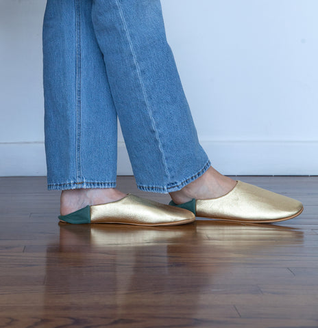 Shop Womens Gold & Green Leather Slippers