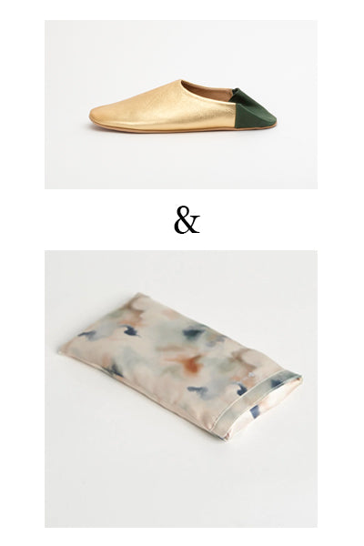 Staycation luxuries Eye Pillow and Gold leather spring slippers
