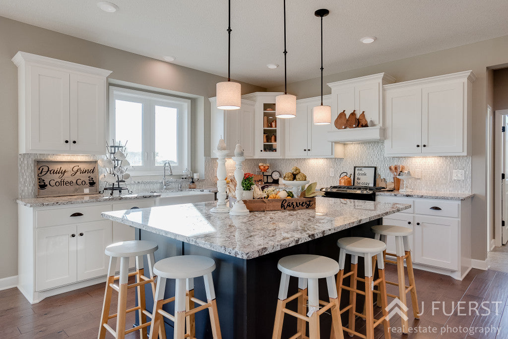 modern kitchen | white and black cabinets | harvest decor | fall decor | kitchen island | daily grind | handpainted sign | kitchen sign ideas |cjc@home | Carver Junk Company's Staged Home Shopping Event | Victoria, MN | Home Staging | Modern Fall Farmhouse | Fixer Upper Style | carverjunkcompany.com