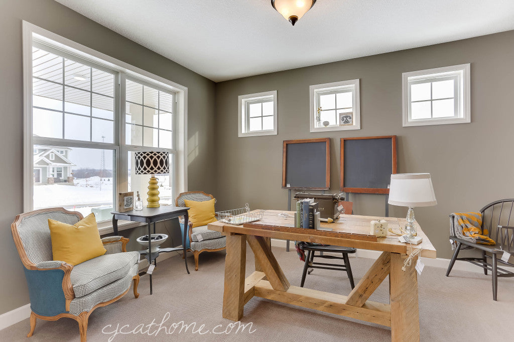 CJC@HOME Study | Office Decor | Reclaimed Wood Desk | Reupholstered Chairs | Houndstooth Fabric | Repurposed Window Chalkboard | Carver Junk Company