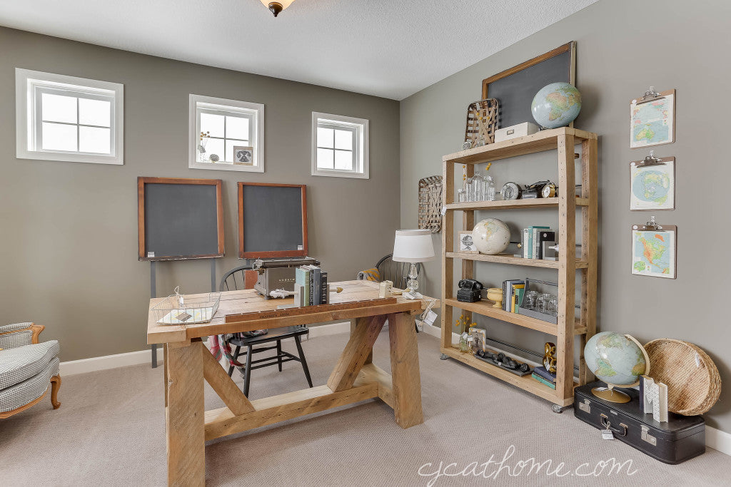 CJC@HOME Study | Office Decor | Reclaimed Wood Desk | Reclaimed Wood Industrial Rustic Bookshelf Bookcase | Vintage Office Decor | Repurposed Window Chalkboard | Carver Junk Company