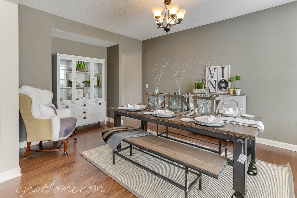 CJC@HOME | Dining Room Decor | Handmade Custom Built Industrial Rustic Dining Table | Metal Base Casters | Industrial Bench | Painted White Mid Century Hutch | Industrial Farmhouse Decor | Reupholstered Faux Fur Chairs | Carver Junk Company