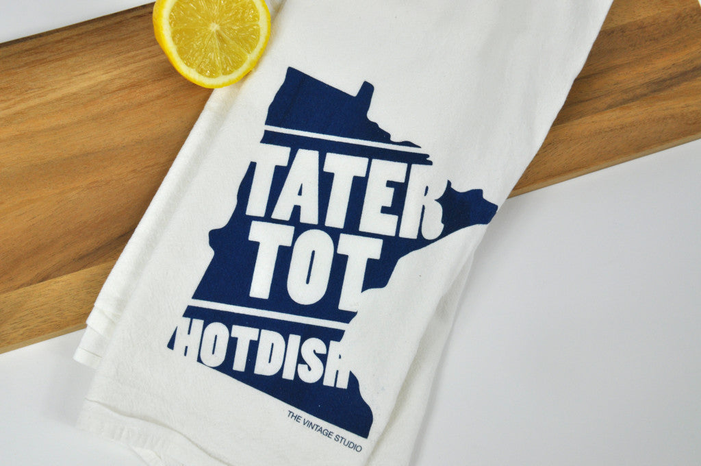 Tater Tot Hotdish is a Minnesota staple! Now on a kitchen dish towel, in a fun deep turquoise color for your favorite Minnesotan, or "chef."