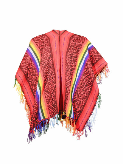 Peruvian Traditional Wool Blend Poncho - Red/Black/Rainbow - Shamans Market