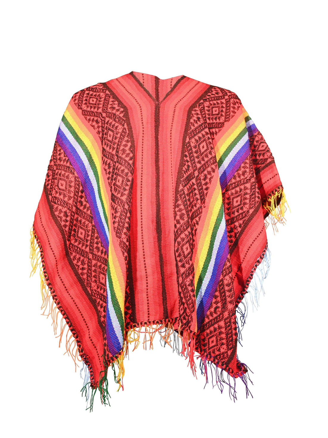 Peruvian Traditional Wool Blend Poncho - Red/Black/Rainbow - Shamans Market