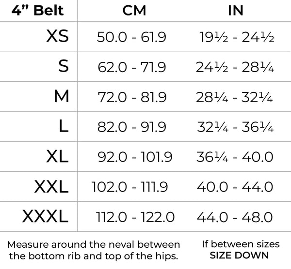 Murgs 4'' Weightlifting Belt Size Guide