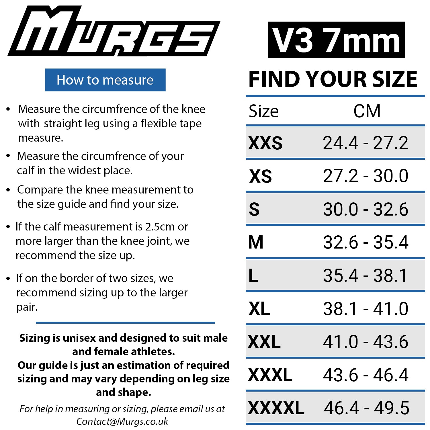 Murgs Black V3 Knee Sleeves Size Chart