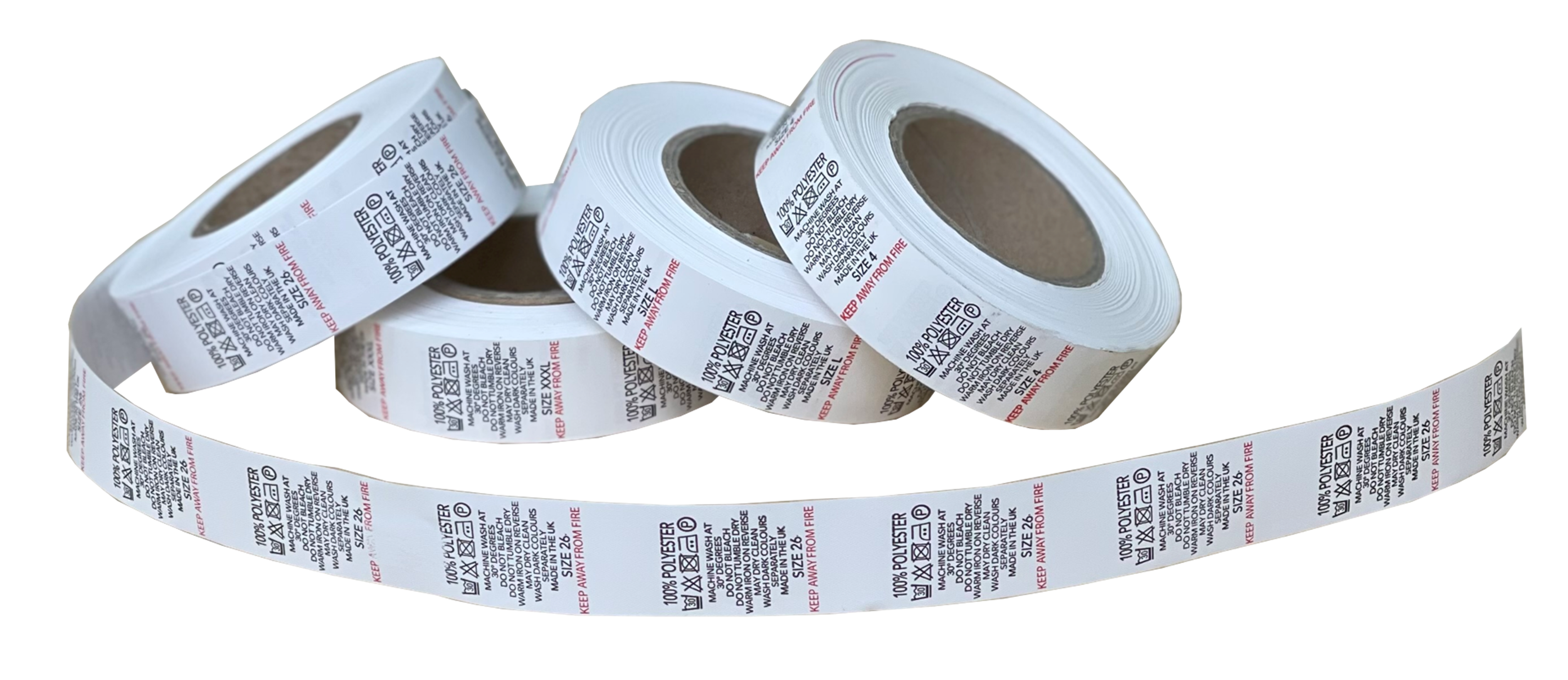 Nylon Printed Size Tabs & Content Labels On a Roll - "100% Polyester"