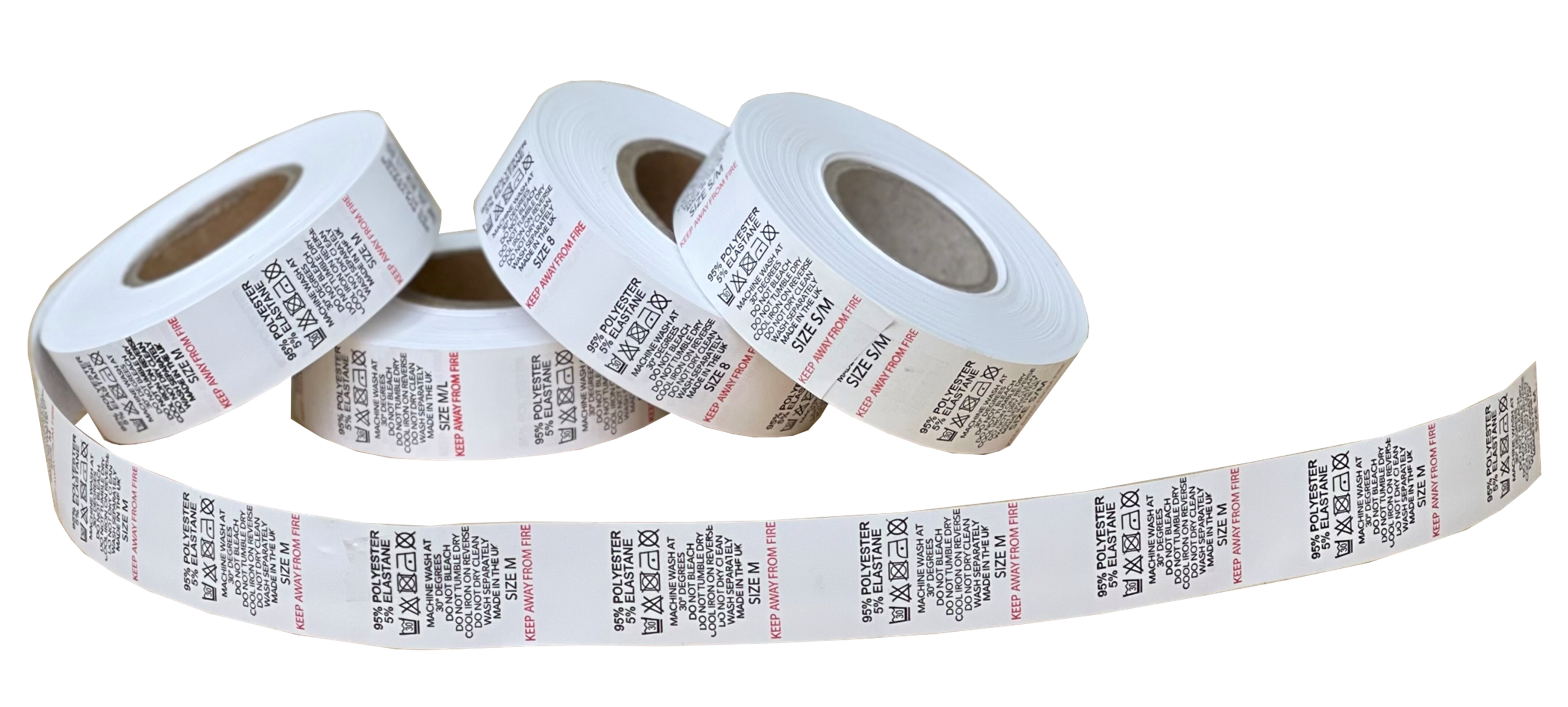 Nylon Printed Size Tabs & Content Labels On A Roll