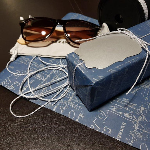 Gift Journal #12 Sunglasses wrapped and unwrapped - vintage blue gift wrap