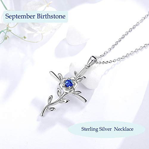 September Birthstone Blue Sapphire Necklace for Wife Birthday Gifts Love Rose Jewelry Women Sterling Silver Hope Leaves Pendant Necklace for Her
