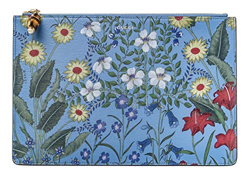 Gucci Nymphae Flora Azure Floral Blue Pouch Zipper Zip Leather Box Italy Flower New