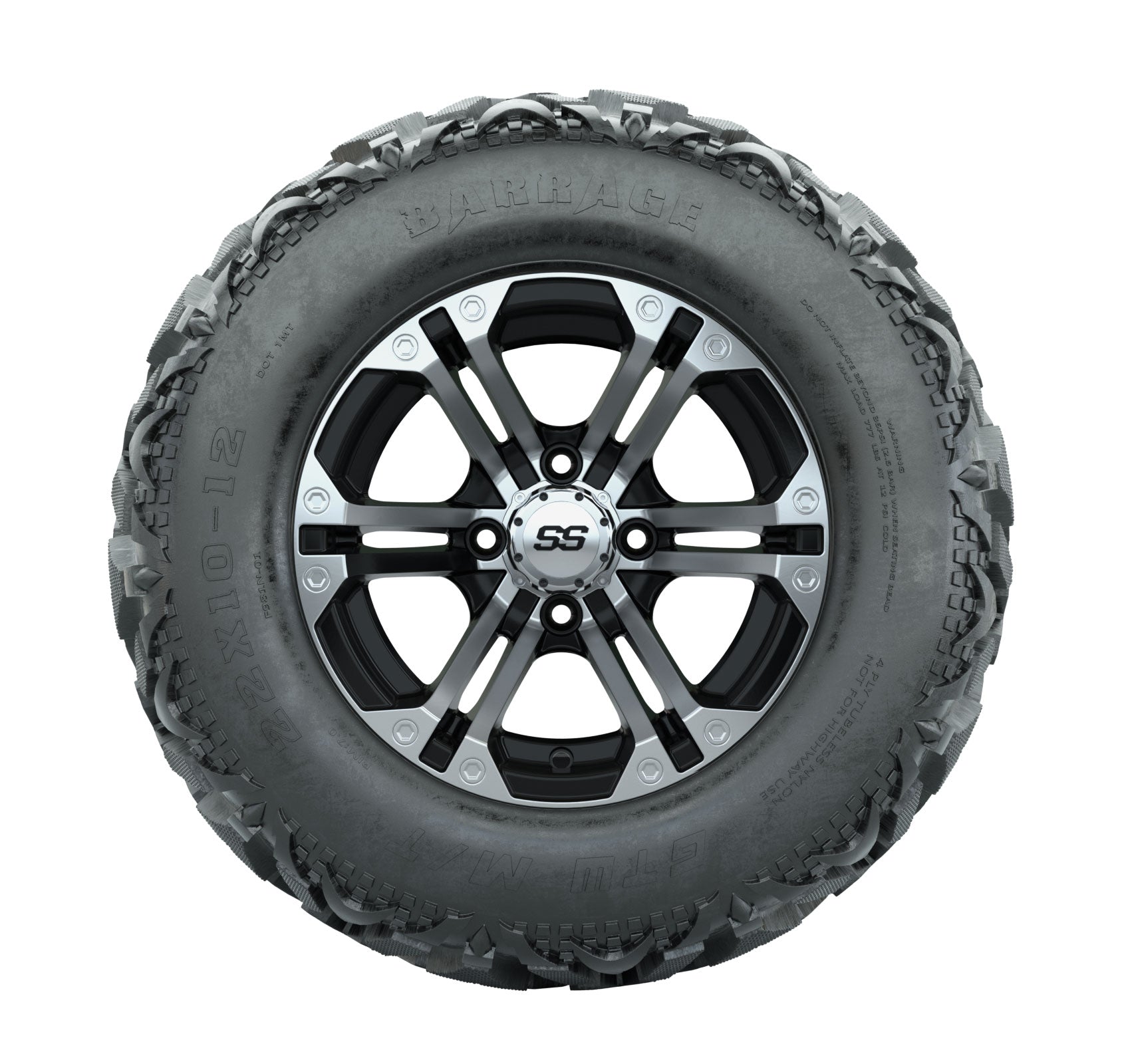 12" GTW Specter Black and Machined Wheels with 23" Barrage Mud Tires Set of 4
