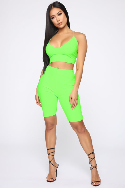 lime green biker short set