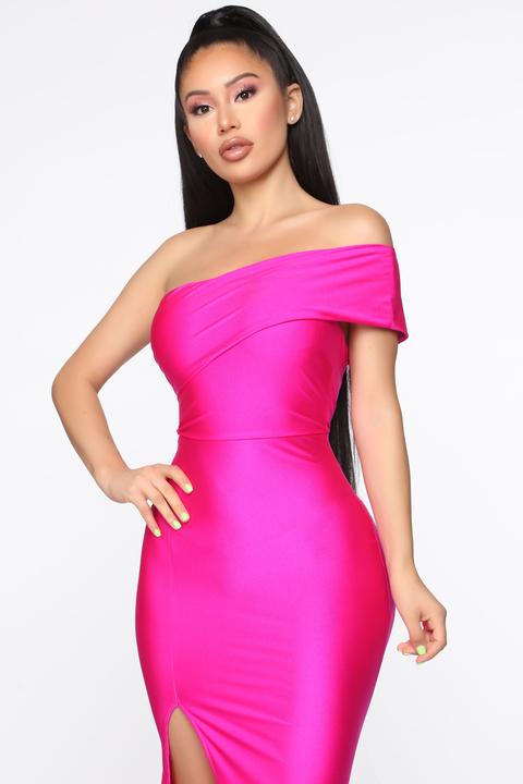 one shoulder magenta dress