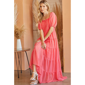 Evie Woven Babydoll Tiered Dress - Coral